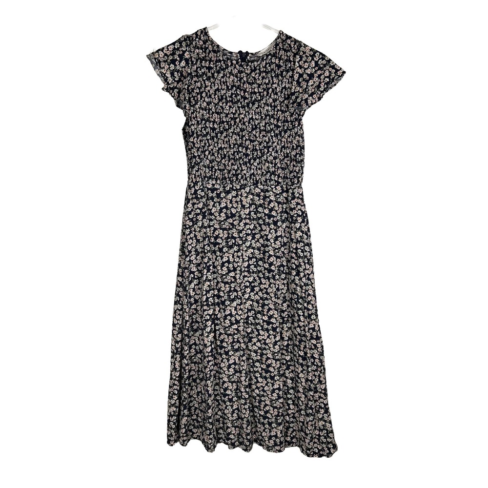 Elodie Navy Blue Floral Smocked Midi Dress Flutter Sleeve Womens Size Small